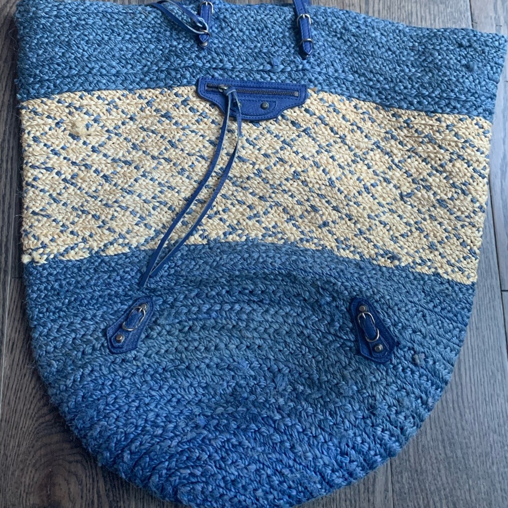 Balenciaga Blue Raffia & Leather Panier Basket Tote
